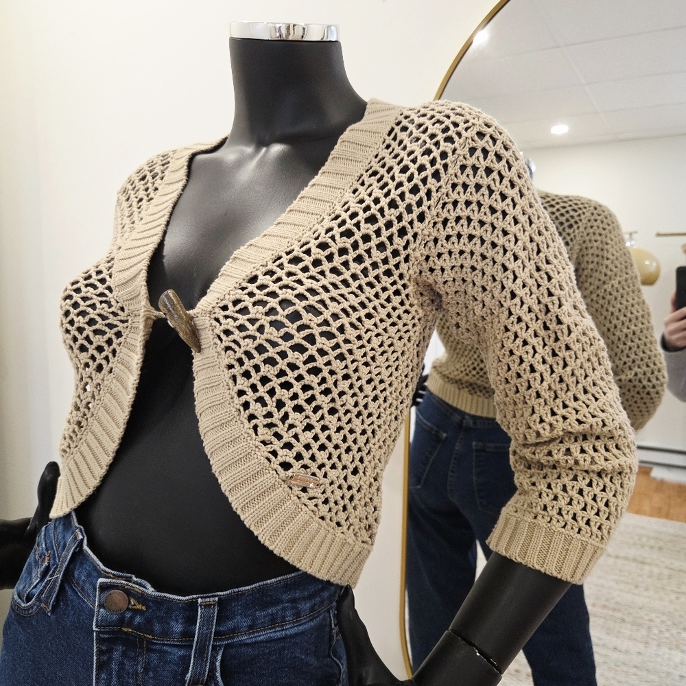 Y2K Bolero Knit Cardigan – Point Zéro by Nicole Benisti – Beige Crochet – S-M